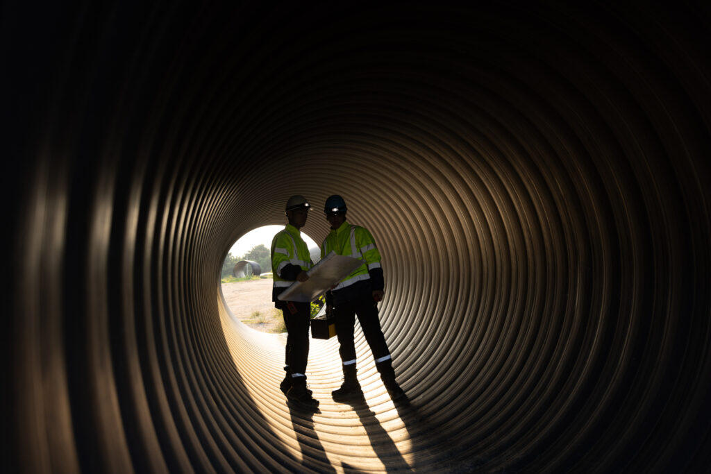 Two male structural experts inspect large drainage pipes while carrying a toolbox and a blueprint before sending it to pre-construction for the next process